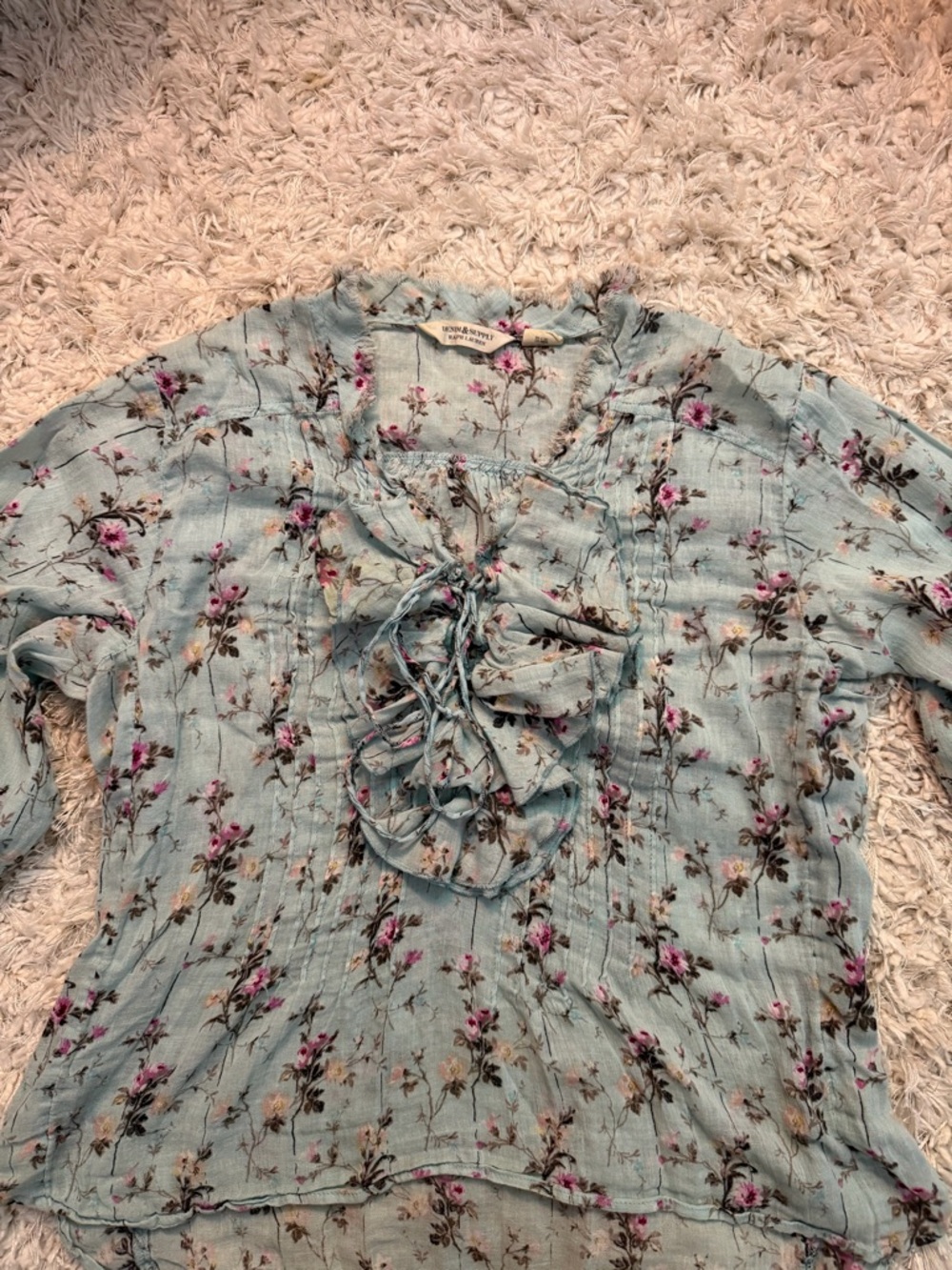 Ralph Lauren Light Blue Floral Ruffle Tie-Neck Blouse